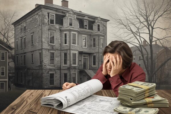 Frustrated person with renovation plans and money.